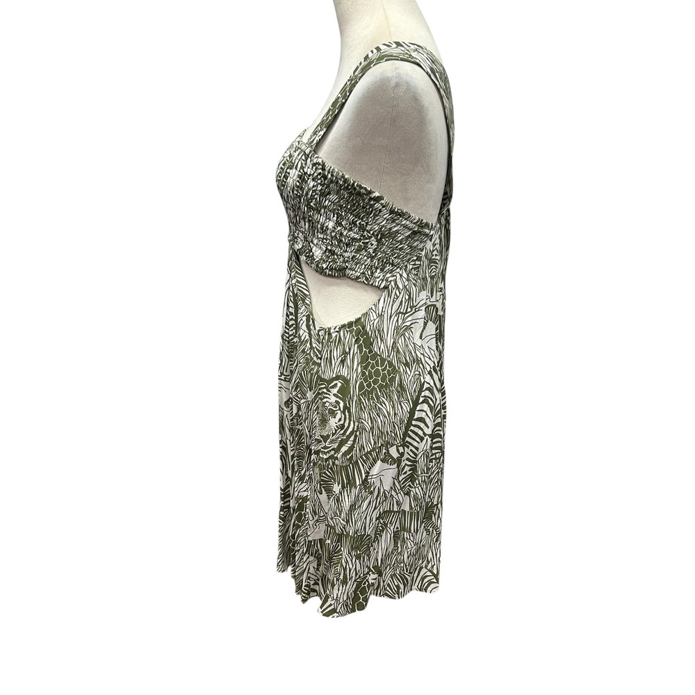 Anthropologie Smocked Cutout Animal Print Mini Dress 6 Green Y2K Boho Costal - Picture 4 of 12